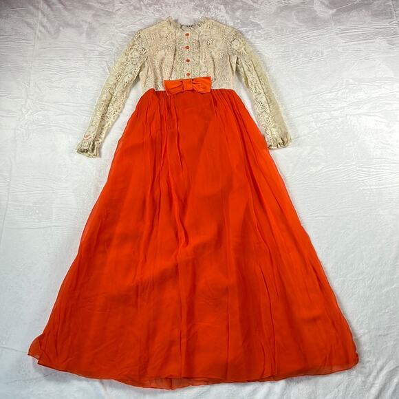 Vintage 70s Unbranded orange Chiffon and cream lace maxi dress, size small or xs - Picture 4 of 12